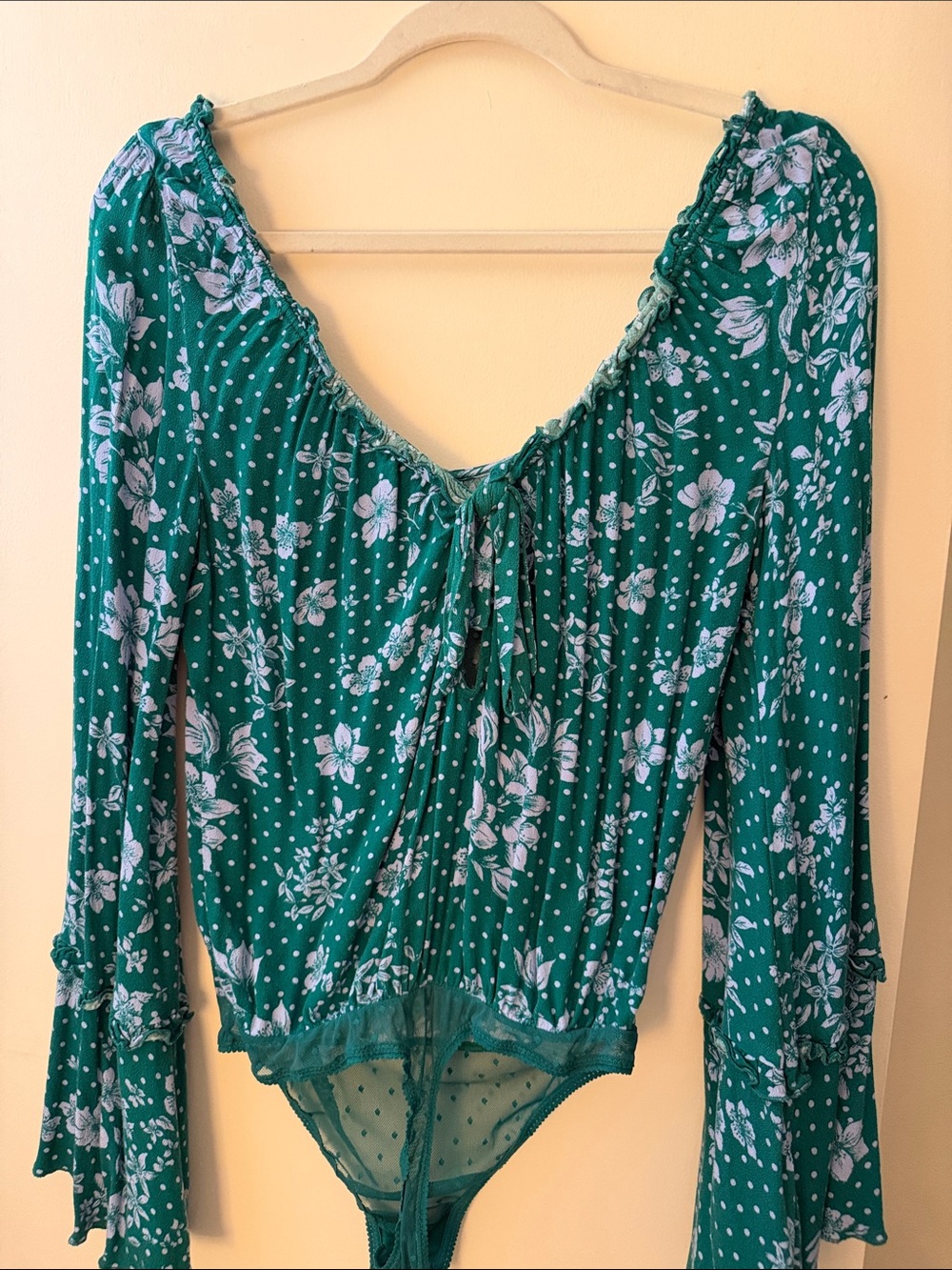 Teal Floral Long-Sleeve Scoop Neck Bodysuit - Picture 3 of 3